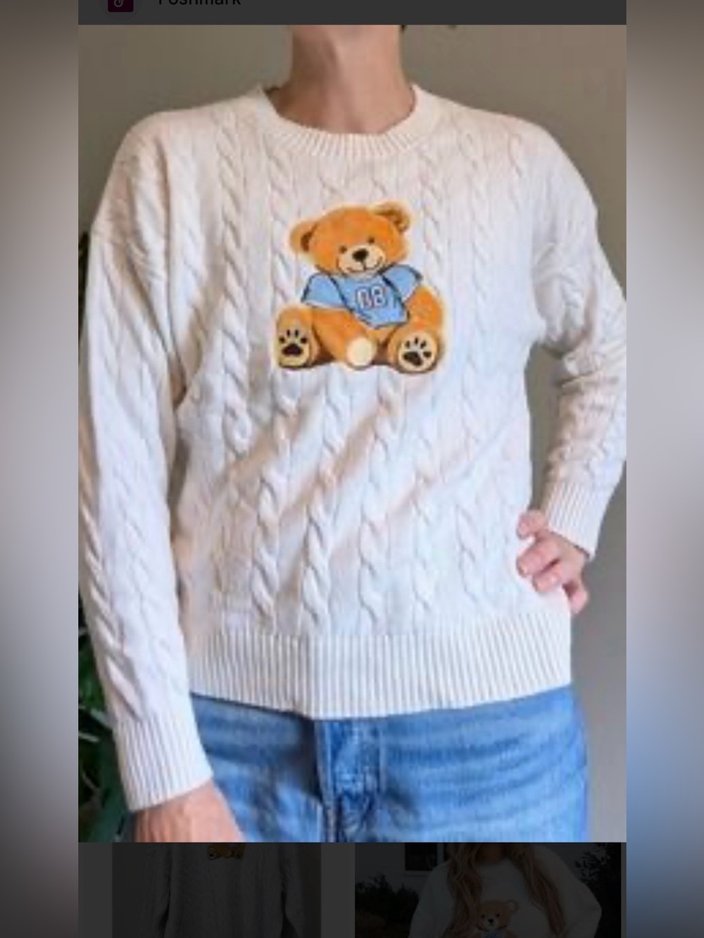 Cream Cable-Knit Crewneck Sweater with Teddy Bear Patch